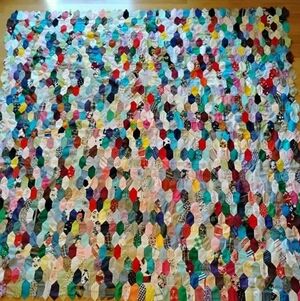 Vintage, Hand-Sewn, Large Hexagon Patchwork Quilt TOP-  8 Ft x 8 Ft
